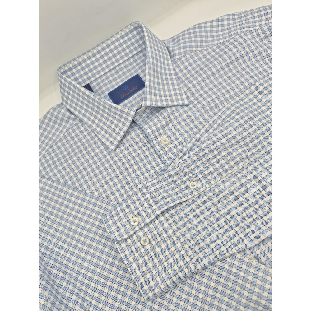 David Donahue Mens 17.5x35 100% Cotton Dress Shirt Blue Check Regular Fit
